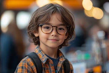 Cute boy smiles, glasses, backpack, city background, education