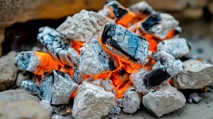 "A glowing campfire surrounded by rugged stones,