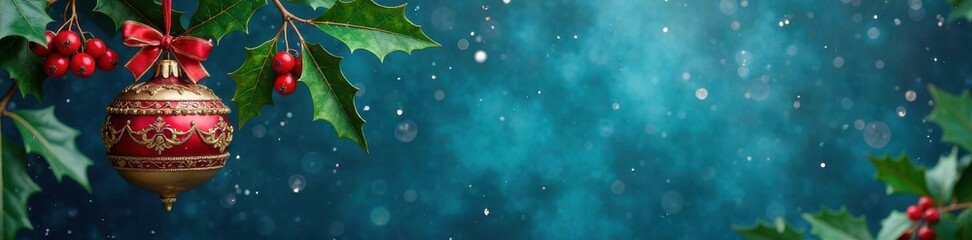 Ornament with holly leaves and berries hanging from blue background, festive decoration, decorative item