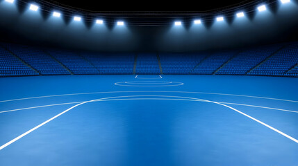 Empty stadium floor, sports arena lit by bright spotlights, rows of blue seats, backdrop