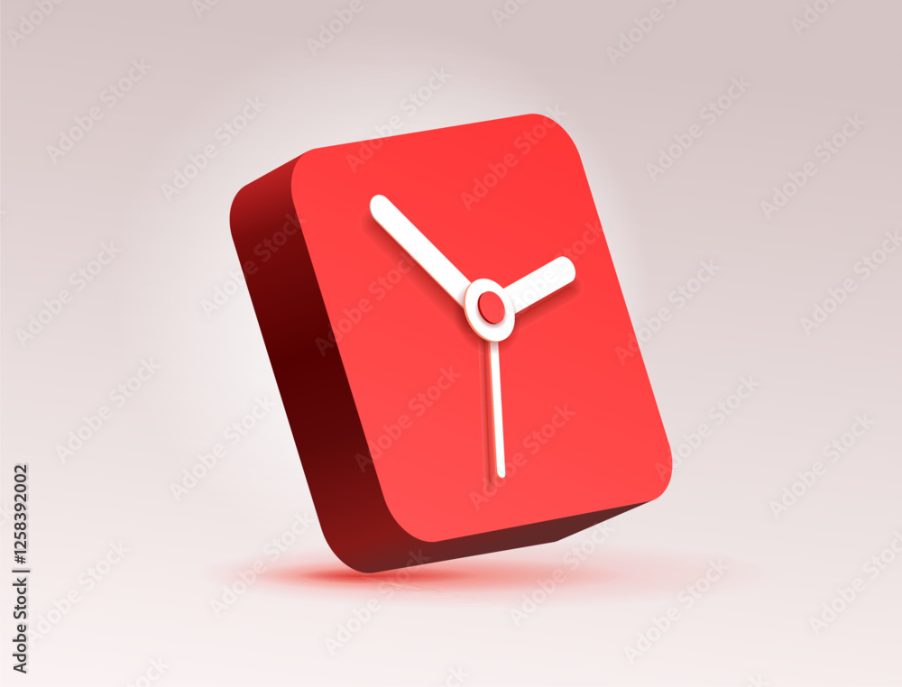 Poster rounded squre clock icon in 3d flat style, red rectangle timer on gray background. business watch. v