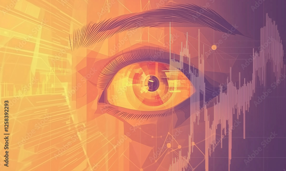 Aufkleber digital eye illustration with data visualization elements in warm colors, symbolizing insight and an
