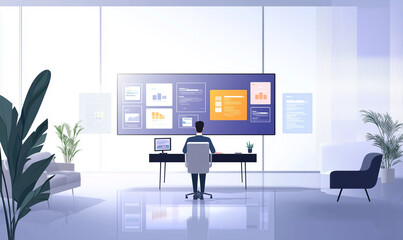 A modern workspace with a person analyzing data on a large screen, surrounded by plants and contemporary furniture.