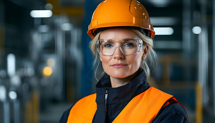 Female engineer stands in factory, wearing helmet and safety vest, industrial backdrop, occupation