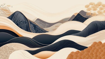Abstract Asian landscape with mountains, waves, and trees in beige, orange, and blue tones.