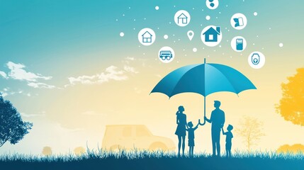 Family Silhouette Under Umbrella with Symbols of Safety and Protection