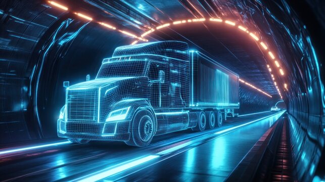 Futuristic Digital Truck in Neon Tunnel