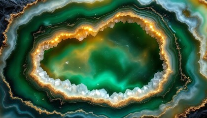 Fototapeta premium Green Agate Geode Section with Crystalline Center and Golden Veins