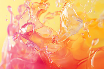Abstract representation of fluid dynamics with swirling liquid shapes in a vibrant mix of orange, pink, and yellow, creating energy and organic movement.