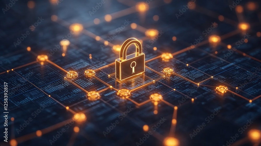 Poster lock on a circuit board with glowing lights representing cybersecurity and global network security c
