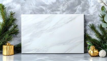 Festive marble slab display with pine sprigs. Ideal for showcasing holiday goods