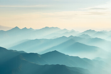 Obraz premium Abstract representation of mountain peaks bathed in soft golden light, with blue skies and expansive valleys below, creating a peaceful, elevated scene.