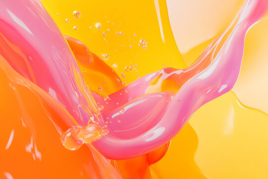 Abstract representation of fluid dynamics with swirling liquid shapes in a vibrant mix of orange, pink, and yellow, creating energy and organic movement.