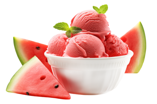 A scoops of watermelon ice cream garnished with mint in a plate isolated on transparent background. - Powered by Adobe
