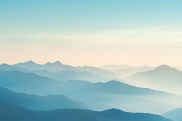 Fototapeta premium Abstract representation of mountain peaks bathed in soft golden light, with blue skies and expansive valleys below, creating a peaceful, elevated scene.