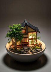 Japanese vintage house resin art miniature design japan miniature asian home building with nature river bamboo tree in the white bowl isolated in white background bamboo house background beautiful bam