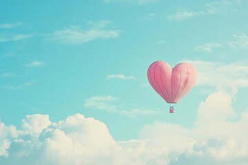 Obraz premium Pink Heart Shaped Hot Air Balloon Floating in a Light Blue Sky with Fluffy White Clouds