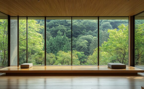 Fototapeta A large window overlooks a lush green forest