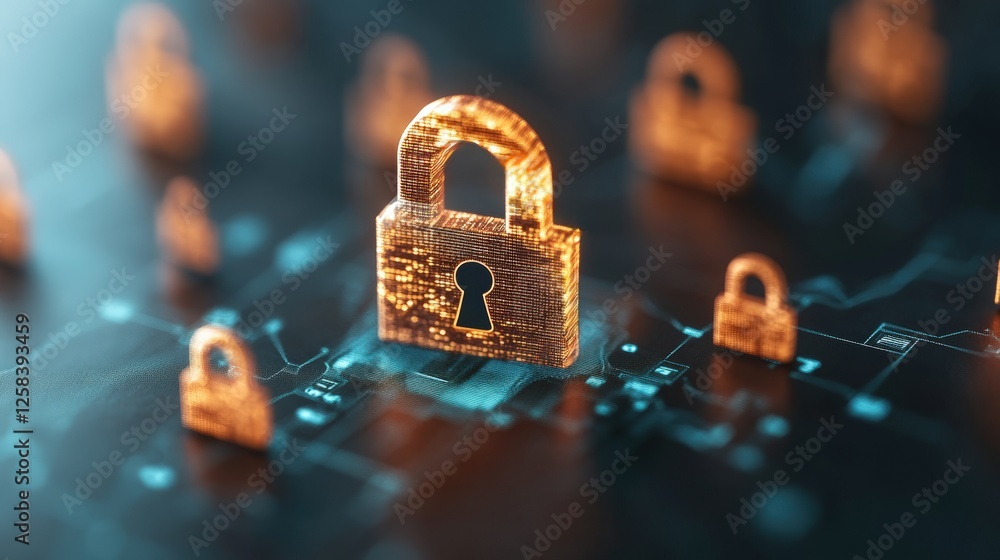 Poster lock on a circuit board symbolizing cybersecurity and global network security concepts in technology