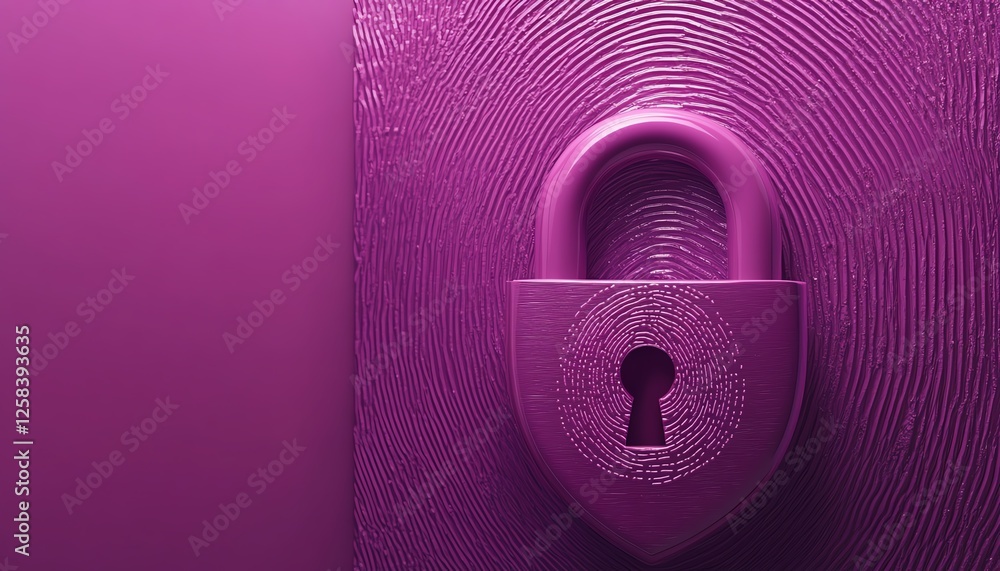 Poster a 3d rendering of a violet padlock and shield with a fingerprint, representing authorization and aut