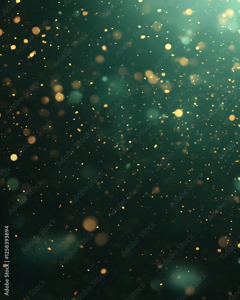 Poster abstract golden light particles floating in a dark green space creating a magical atmosphere