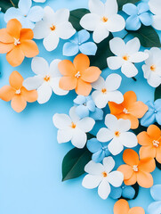 Flowers composition of orange, white, and blue flowers. Celebration and decoration