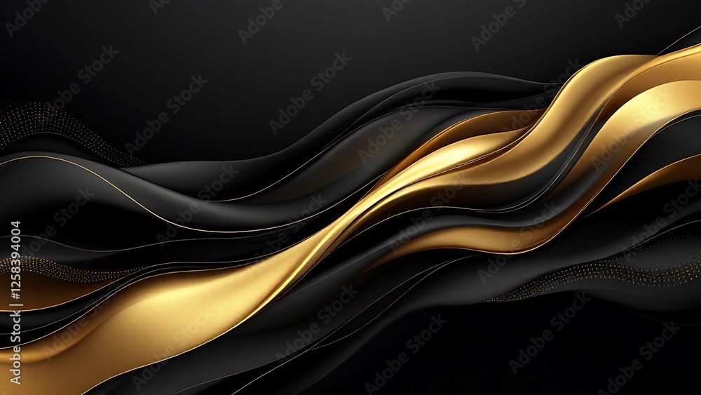Poster beautiful black abstract luxury background with 3d texture of wavy lines with golden elements and sm