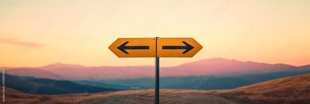 Poster yellow directional sign showing two opposite arrows in a barren landscape at sunset, symbolizing dif