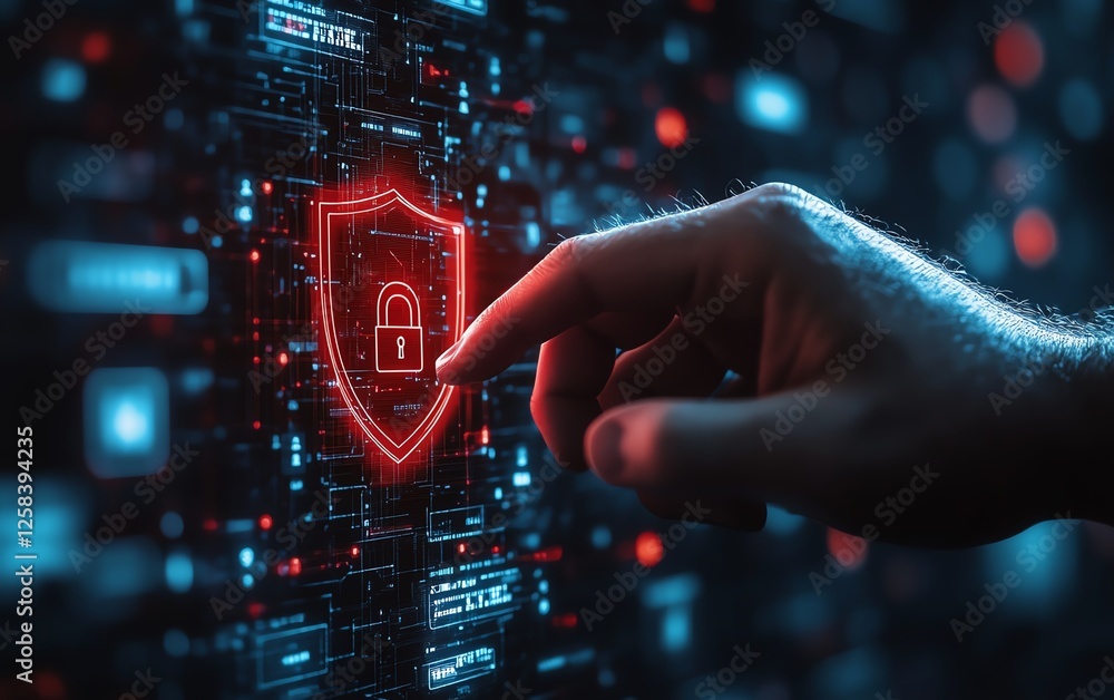 Poster a businessman s finger tapping on a hologram displaying a red shield and lock, symbolizing cybersecu