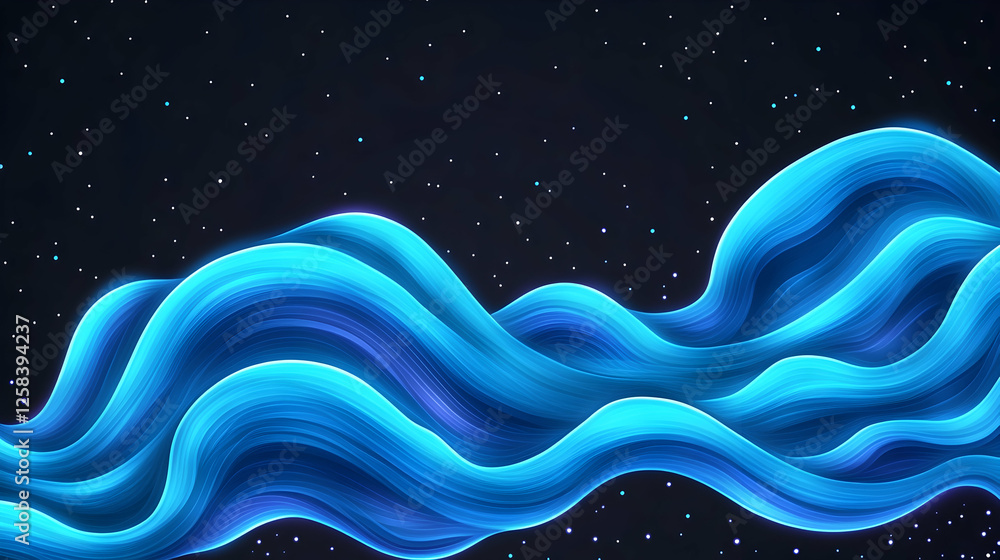 Poster flowing wavy blue lines on a dark background with sparkles; use for a graphic banner