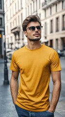 Fototapeta premium A man wearing gold color t shirt mockup; with glasses; on the street; front view
