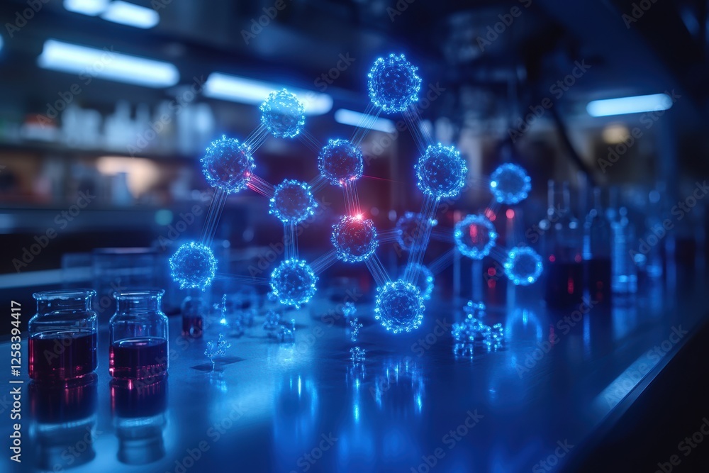Poster holographic representation of molecular structure in laboratory setting with glowing elements