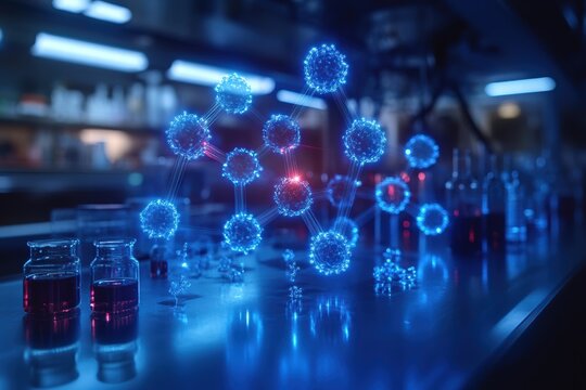 Holographic representation of molecular structure in laboratory setting with glowing elements