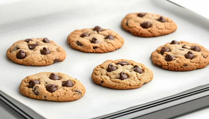 Fresh baked chocolate chip cookies on a sheet pan, ready to serve for snack time