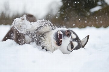 Fototapeta premium Husky dog joyfully rolls and plays in fresh snow during winter day