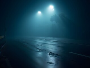 Obraz premium Dark street, wet asphalt, reflections of rays in the water. Abstract dark blue background, smoke, smog. Empty dark scene, neon light, spotlights. Concrete floor