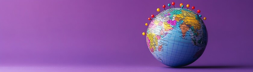 A globe with travel pins on it, set on a purple background, representing global tourism, vacations, and adventure, with room for text and messaging