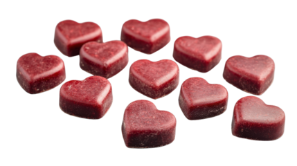 Heart-shaped red candies falling on transparent background