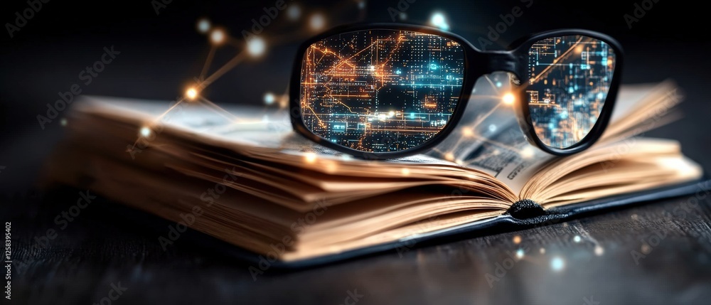 Poster glasses resting on a book with a focus on data analysis and search engine optimization concepts