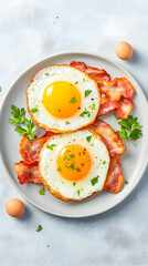 Fried eggs and bacon for breakfast, served on plate. Food photography or ad