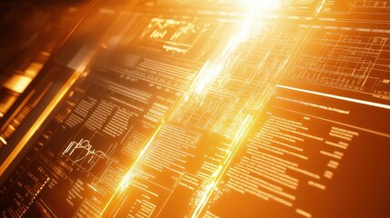 Abstract digital data streams glow with orange light and complex charts.