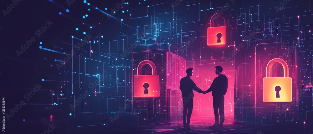 Poster a handshake between two people in front of a digital network with lock icons