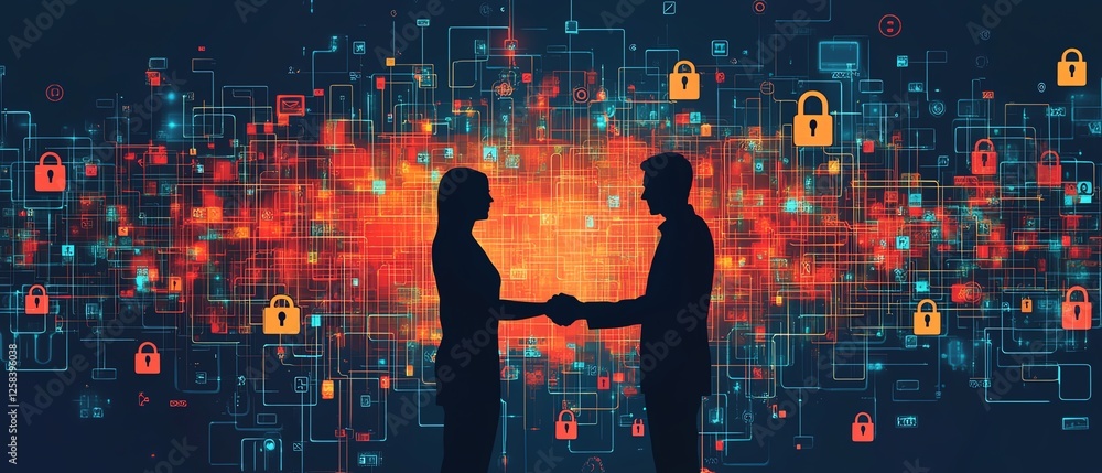 Aufkleber a handshake between two people in front of a digital network with lock icons
