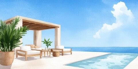 Fototapeta premium A serene beachside setting featuring a stylish pergola, comfortable seating, lush greenery, and a sparkling pool overlooking the ocean under a clear blue sky.