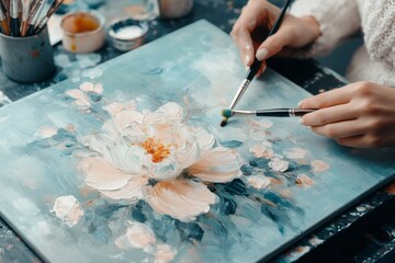 A artist reviewing a catalogue of premium paintbrushes and art supplies