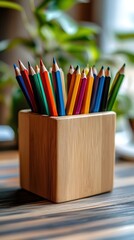 Colorful Pencils in a Wooden Holder on a Striped Table with Natural Light and Greenery