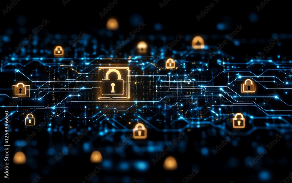 Poster a professional handshake with a digital network background, featuring lock icons, symbolizing the co