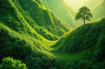 Earth Day. Geometric shapes representing ecosystems with smooth transitions from green to brown create a sense of harmony.
