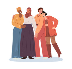 Feminism movement and protection of rights, international womens day celebration. Vector isolated group of girls, empowerment and diversity, equality and multicultural social solidarity