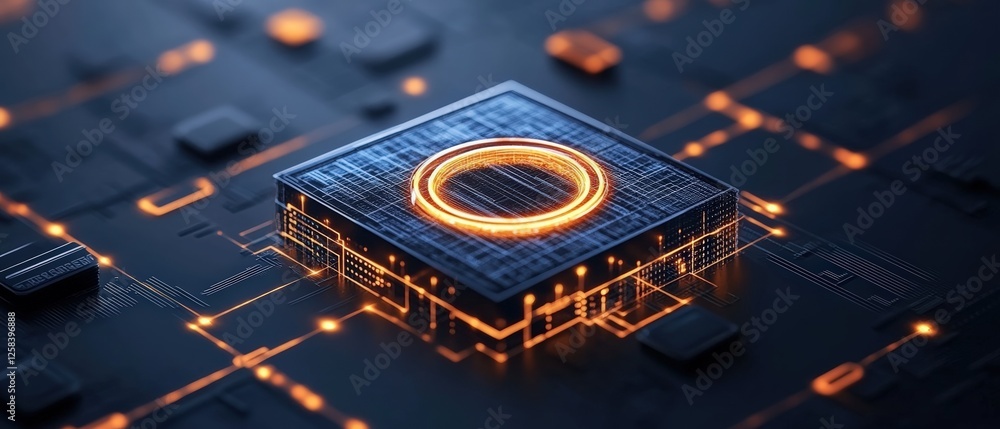 Poster circuit board close-up with glowing circle illustrating data analysis and search engine optimization